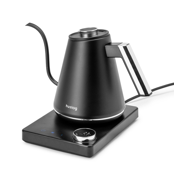 Fierbator electric Huslog 1L 1100W negru-silver, reglare temperatura 40-100C, functie mentinere caldura, display LED