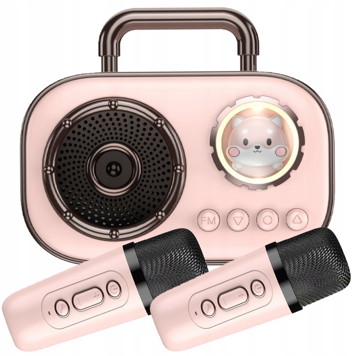 Vezeték nélküli karaoke szett, AMT, Bluetooth hangszóró, 2 mikrofon, rózsaszín, 11x9,4cm