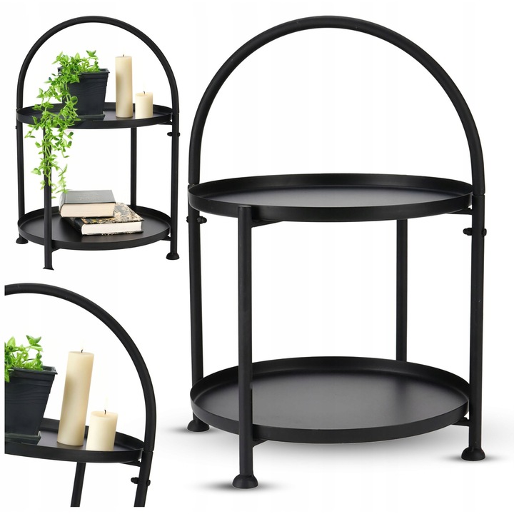 Mese, Cadro, комплект 1 помощна маса, черен метал, 34x45 см, модерен дизайн, две нива