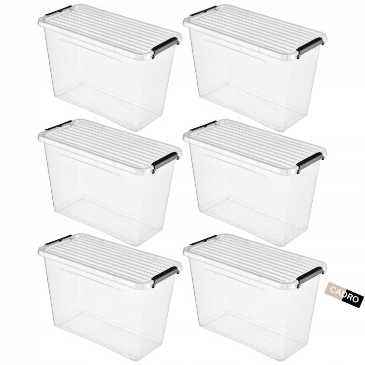 Комплект от 6 прозрачни кутии за съхранение 13л Cadro, с капак, 40x20x26см