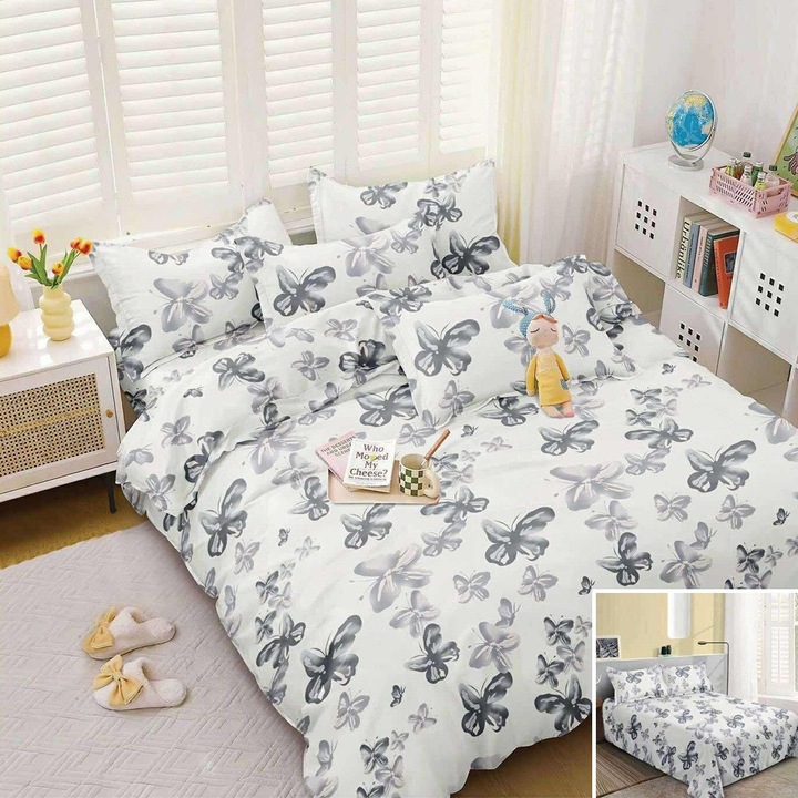 Lenjerie de pat, 2 persoane, bumbac satinat, 4 piese, cu imprimeu, LSN4672