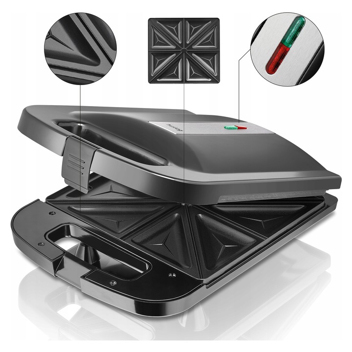 Sandwich-maker Thing4you RAVEN ES010, 800 W, set 2 gofry, 4 triunghiuri, panini, plastic, inox