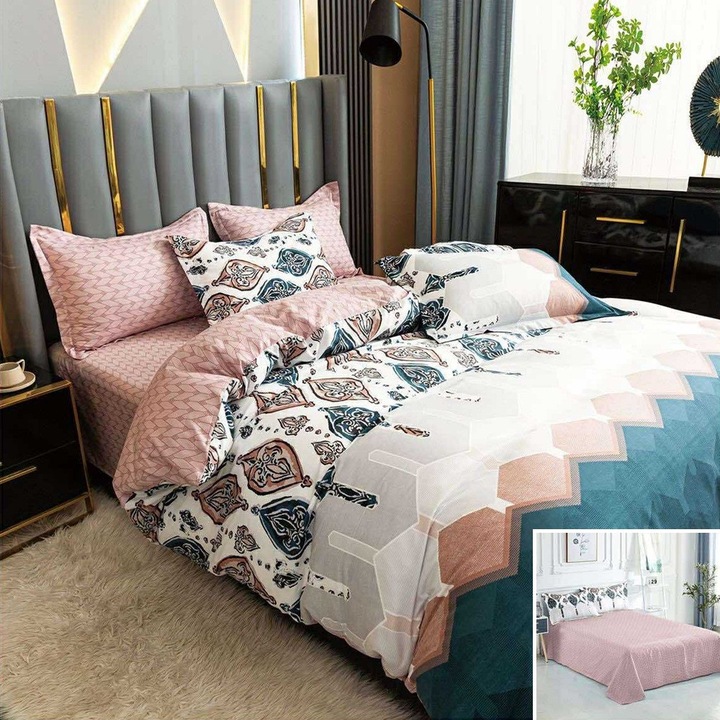 Lenjerie de pat, 2 persoane, bumbac satinat, 4 piese, cu imprimeu, LSN4651