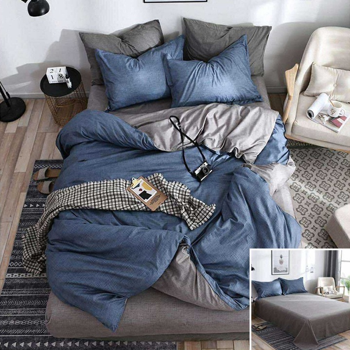 Lenjerie de pat, 2 persoane, bumbac satinat, 4 piese, cu imprimeu, LSN4587