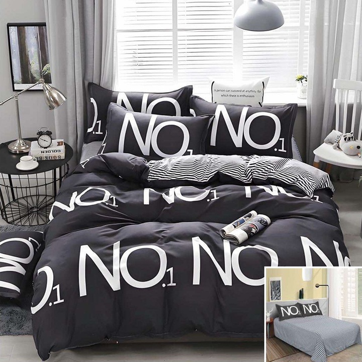 Lenjerie de pat, 2 persoane, bumbac satinat, 4 piese, cu imprimeu, LSN4413