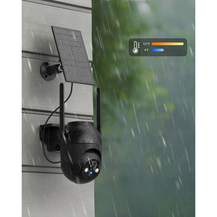 Безжична ротационна камера за наблюдение 2K, цветно нощно виждане, IP66, соларно захранване, 360°