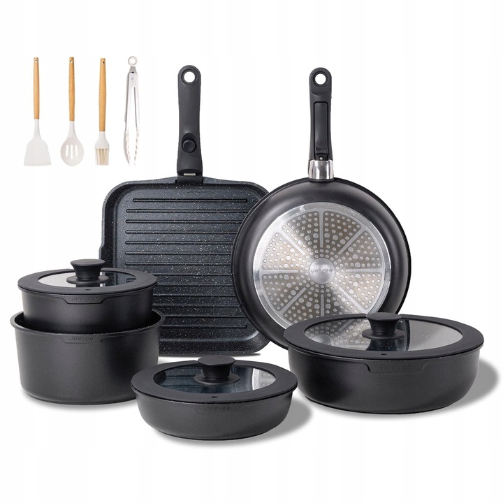 Set de oale si tigai 26 piese, negru, cu manere detasabile, antiaderente, pentru cuptor si inductie