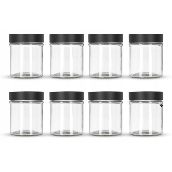 Комплект 8x Стъклени буркани 300 мл с черна капачка за подправки, мед, овес