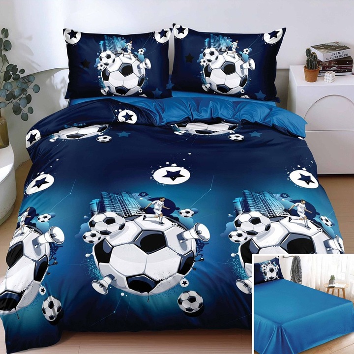 Lenjerie de pat, 2 persoane, bumbac satinat, 4 piese, cu imprimeu, LSN4695