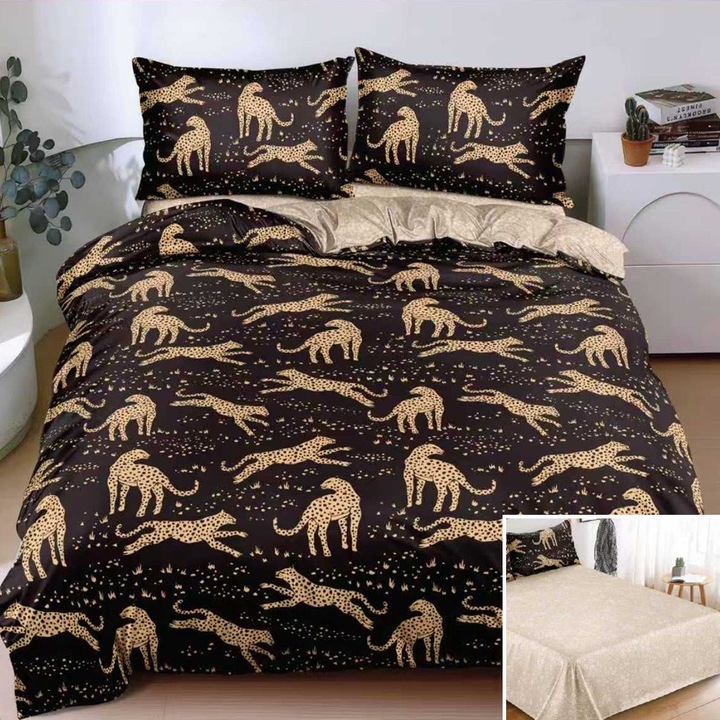 Lenjerie de pat, 2 persoane, bumbac satinat, 4 piese, cu imprimeu, LSN4692