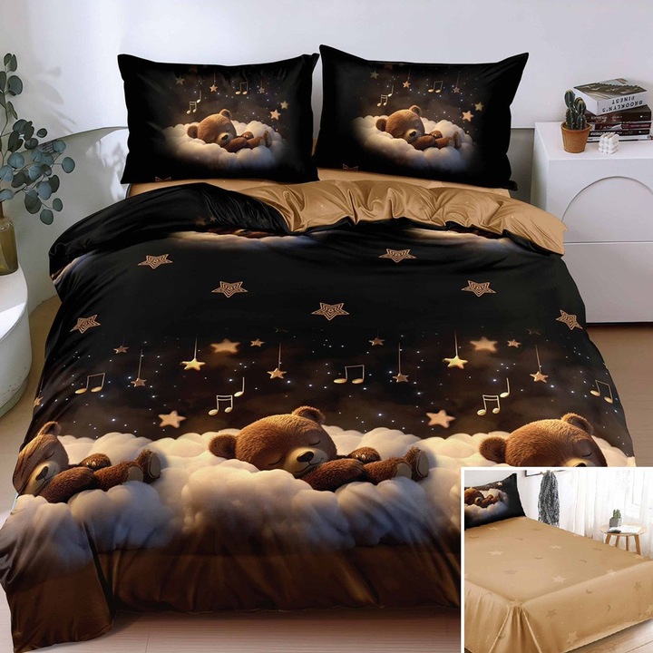 Lenjerie de pat, 2 persoane, bumbac satinat, 4 piese, cu imprimeu, LSN4701