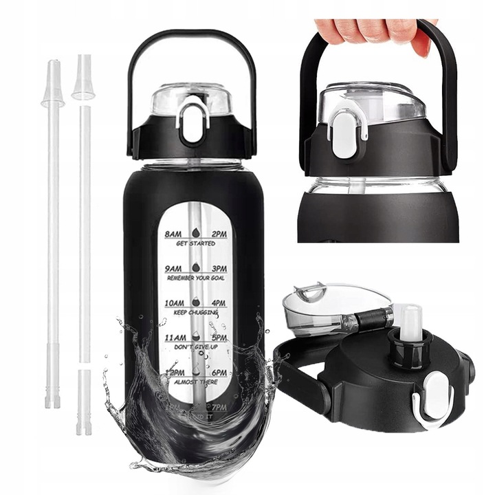 Стъклена бутилка за вода със сламка, шейкър бутилка с мерителна скала, 950 мл, SUPERO, прозрачна