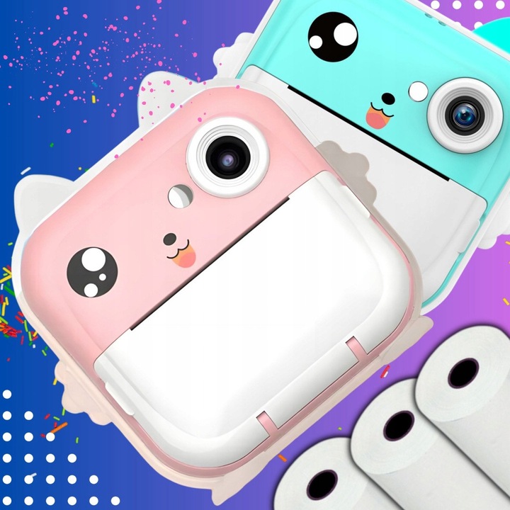 Фотоапарат Asato Drukus 5.0, многоцветен, с функции за моментален печат, придружен от аксесоари.