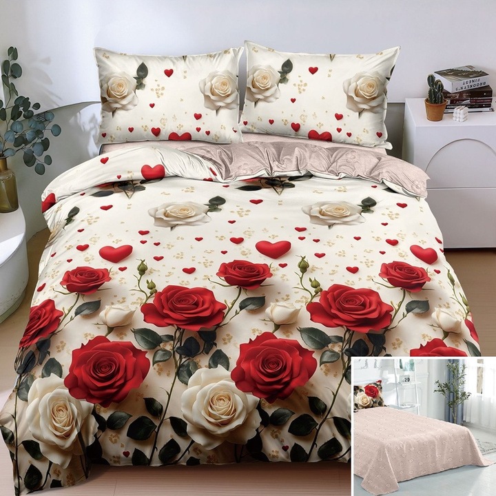 Lenjerie de pat, 2 persoane, bumbac satinat, 4 piese, cu imprimeu, LSN4702