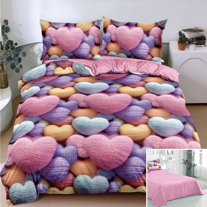 Lenjerie de pat, 2 persoane, bumbac satinat, 4 piese, cu imprimeu, LSN4704