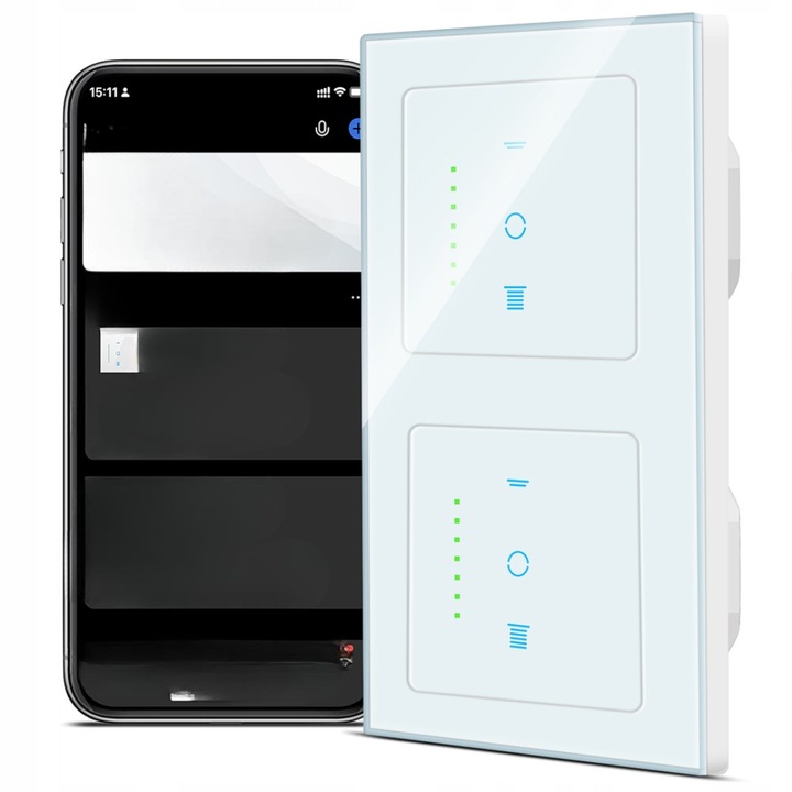 Intrerupator inteligent pentru jaluzele, control Wi-Fi, compact 55x55mm, control vocal compatibil cu Alexa si Google Assistant