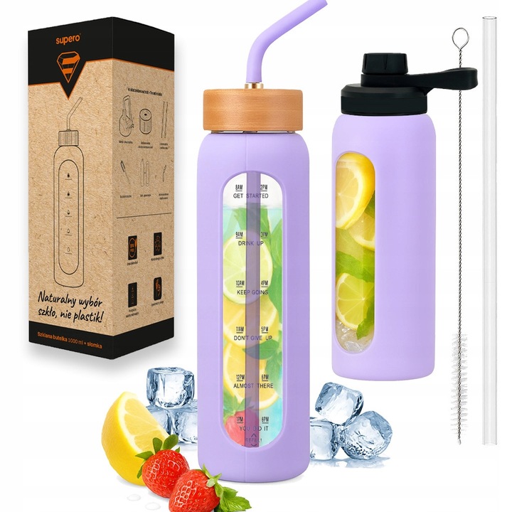 Бутилка за вода Supero, 1000мл, боросиликатно стъкло, бамбукова капачка, 2 сламки, противоплъзгаща
