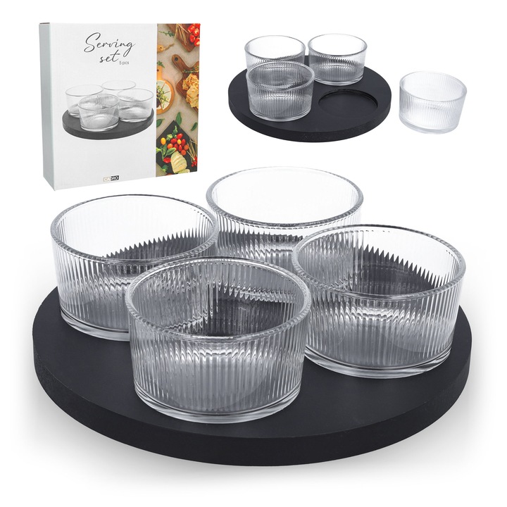 Комплект за сервиране, Cadro, 5 части, 4 стъклени купички, дървена тава, черен, 220 мл всяка