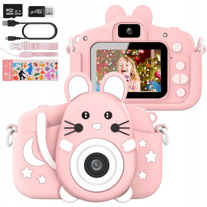 Camera pentru copii roz cu card SD, 20MP, 1080p HD, 32GB,