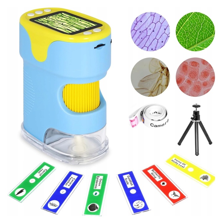 Дигитален микроскоп за деца, 1000x, 2" екран, жълт/син, пълен комплект