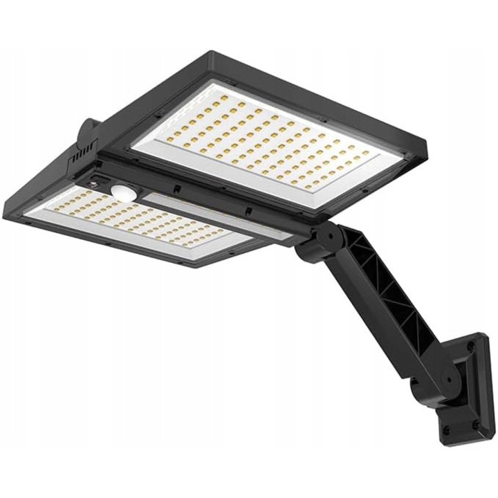 Соларна лампа Clipper Black, двоен външен рефлектор, 180 LED, със сензор за движение, 28x18x37см, черна