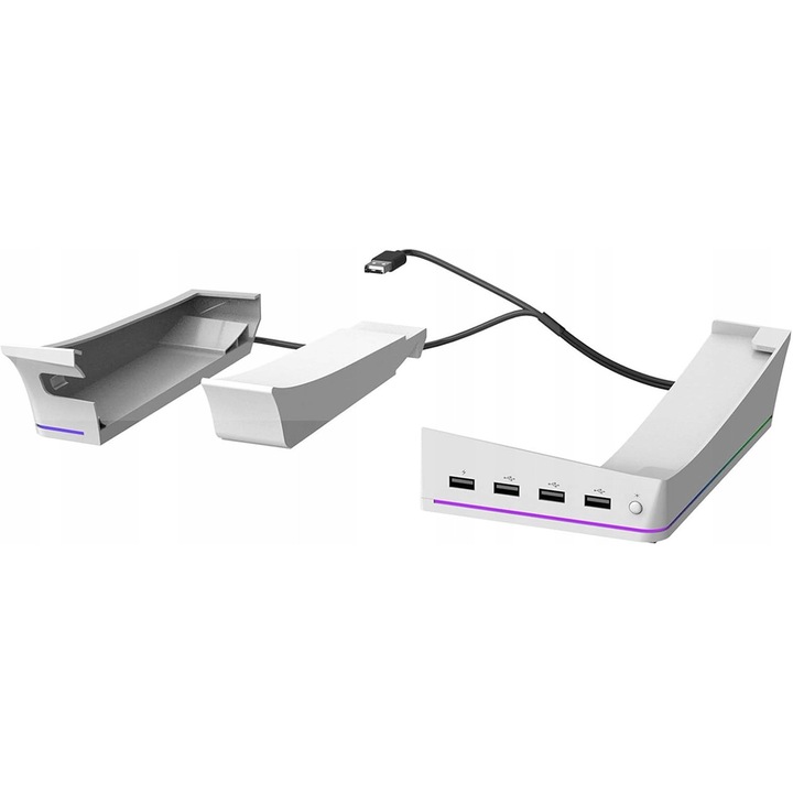 Suport pentru consola PS5 Slim, 4 porturi USB, iluminare RGB, alb