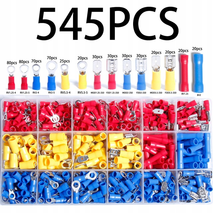 Set de conectori izolati 545 pcs, cutie plastic transparenta, diverse tipuri, rezistenta la apa si inghet