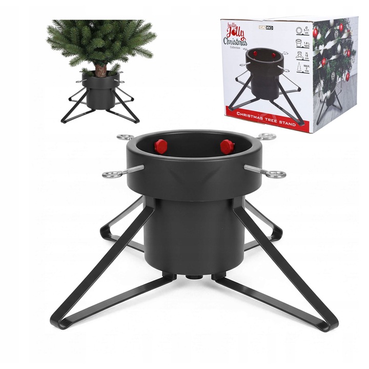 Suport brad Cadro, cu recipient pentru apa 1,8l, pentru brad de pana la 2m, metal, negru, 46x46x18cm