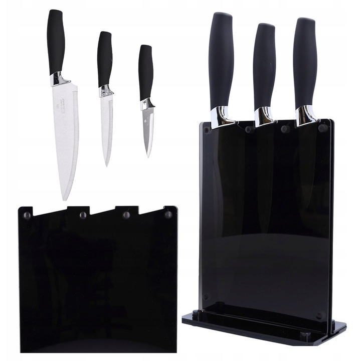 Set de cutite, 3 piese, inox, suport acrilic, negru, dimensiuni cutite: 33,5cm, 23cm, 19,5cm, dimensiuni suport: 15,5x8x22cm