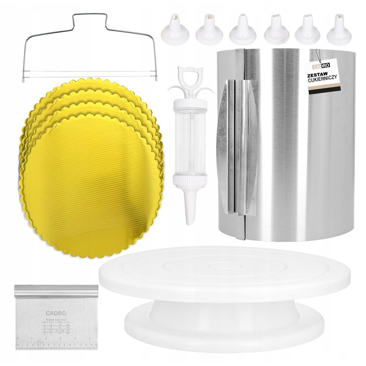 Комплект прибори за украса на торти Cadro, 16-30см, шпатула от неръждаема стомана, 4 златни опори, 7 вида накрайници