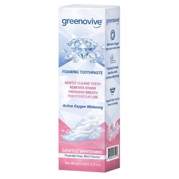 Habzó Fogkrém, GREENOVIVE®, Aktív Oxigénes Fehérítés, Gyengéd Fehérítés, Fogfehérítéshez, Fluormentes, Pumpás, 60ml
