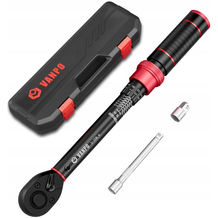 Cheie dinamometrica Vanpo 1/4", 3-25Nm, set 3 piese, prelungitor 100mm, adaptor 1/4"-3/8"