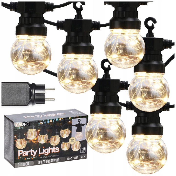 LED декоративна гирлянда Cadro, 9,5м, 10 крушки G50, топло бяло, устойчива на атмосферни влияния