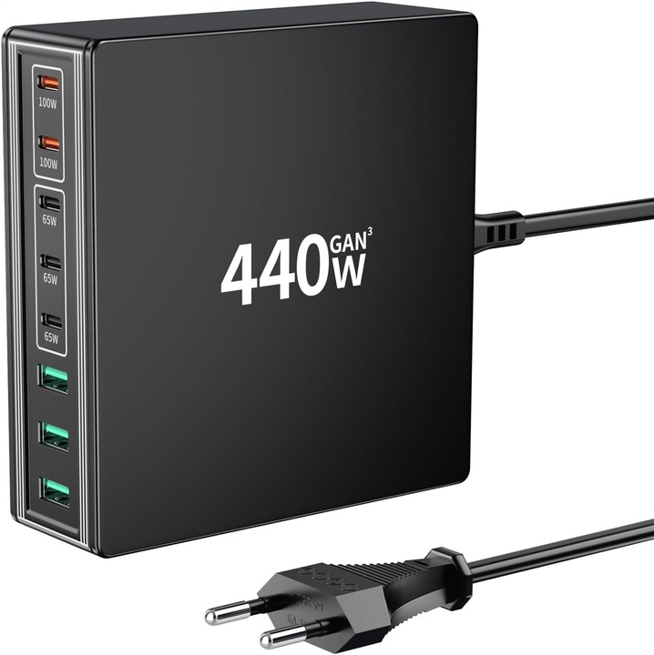 Бързо зарядно устройство с 8 порта USB-C 440W за лаптоп и телефон, 5 порта USB-C, 3 порта USB-A, размери 3,5x0,98x3,3 инча