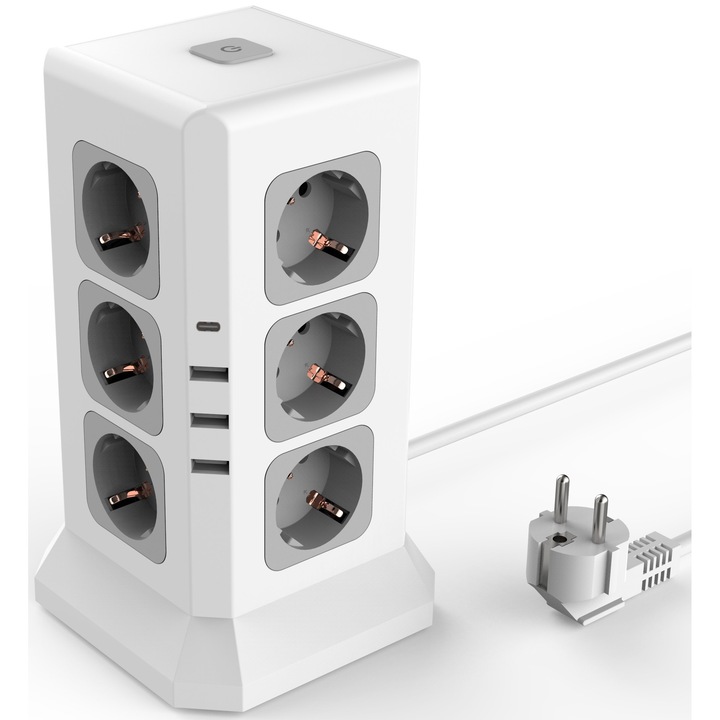 Вертикален разклонител с 12 контакта, 4 USB порта, 2м, 21x12x12см, защита от претоварване, тактилно осветление