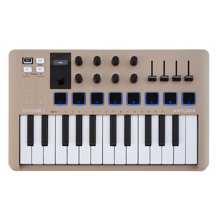 Controler MIDI Arturia MiniLab 3 Champagne, 25 clape, 8 pad-uri, 8 encodere, set complet software, 355x220x50mm
