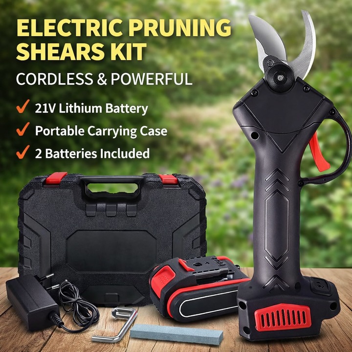 Foarfeca Electrica pentru Gradinarit Profesionala, 1 x Baterie Li-Ion 21 V, Timp de functionare 8-10h, Lame de taiere din otel inoxidabil 25-30 mm, Taiere precisa, Dimensiuni 25x9.5x5 cm, Calitate Premium, Culoare Negru/Rosu