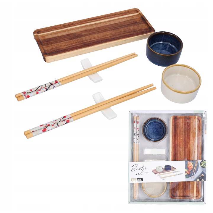 Комплект за сервиране на суши Cadro, 9 части, поднос от акациево дърво, купички от каменин, бамбукови клечки