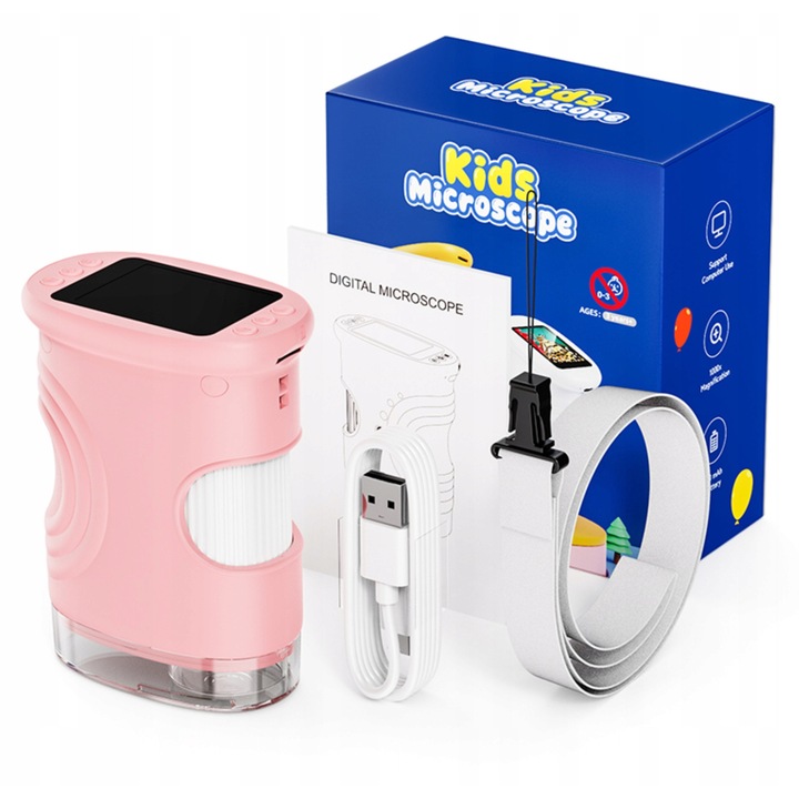 Дигитален микроскоп AMT, комплект, увеличение 1000x, екран 2", бял розов оранжев виолетов, 10,5x8x5 см