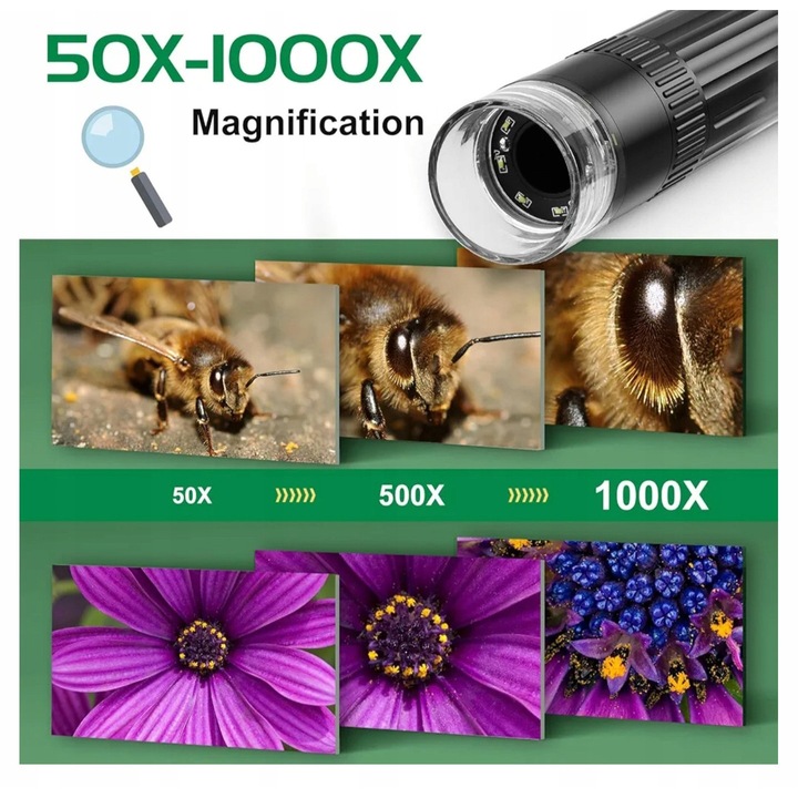 Дигитален микроскоп Wadeo, 2MP, HD 1080p, 50-1000x, преносим, с регулируеми LED светлини