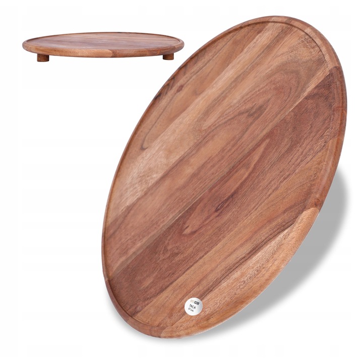 Taca de servire din lemn, Cadro, 37 cm, forma rotunda, culoare naturala, pe picioare