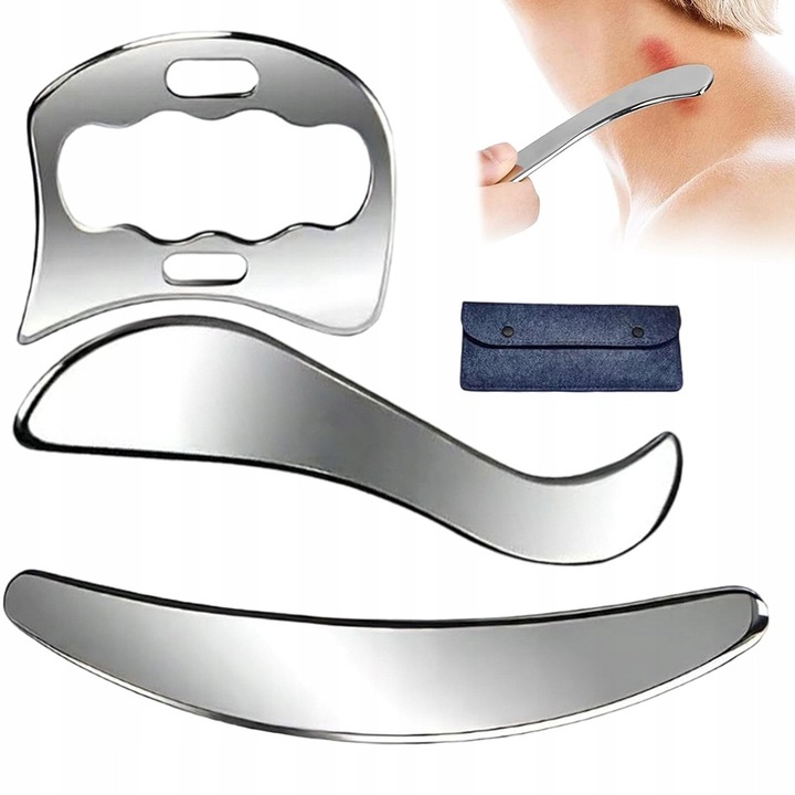 Комплект от 3 инструмента Гуа Ша, Bedee, от неръждаема стомана, сребристи, 21x3,5см, 17,5x4см, 10x7,5см