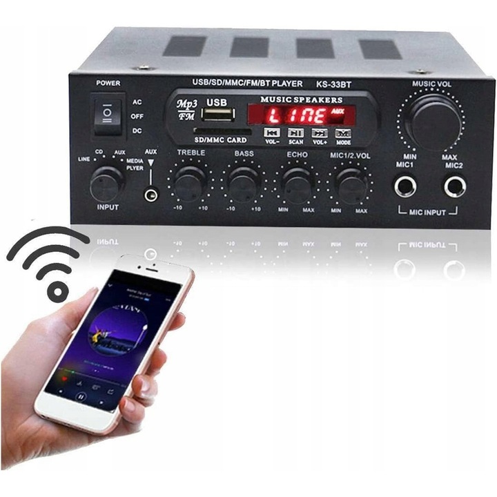 Bluetooth sztereó erősítő, digitális, USB/SD, FM rádió, 2 mikrofon bemenet