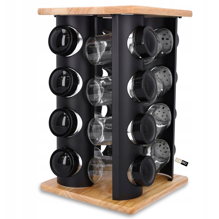 Organizator condimente, Cadro, set 16 recipiente sticla, negru, 17,5x29cm