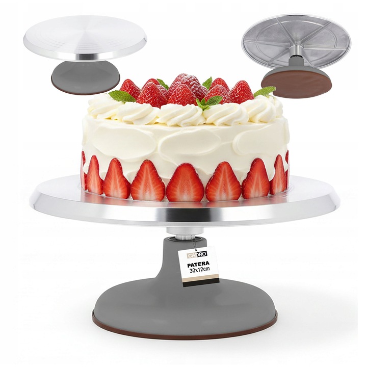 Въртяща се поставка за торта Cadro 30 см, метална, модерен дизайн, противоплъзгаща, сребриста