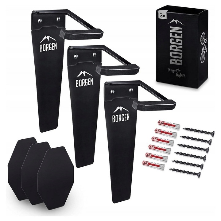 Стойка за съхранение на велосипед Borgen, комплект от 3 стойки, вертикални, матово черни, капацитет 32 кг, за електрически и планински велосипеди