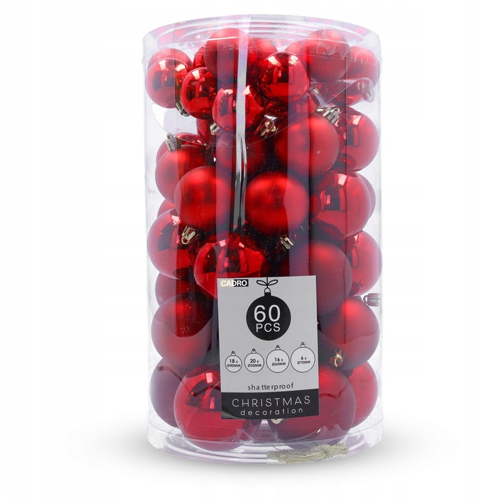 Set globuri de Craciun Cadro, 60 bucati, rosu, mat si lucios, dimensiuni variate