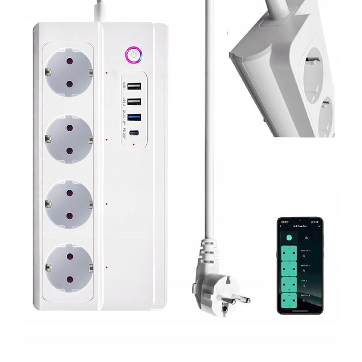 Prelungitor inteligent cu 4 gniazda, controlat prin aplicatie, incarcare rapida Type-C 20W, WiFi 2.4GHz