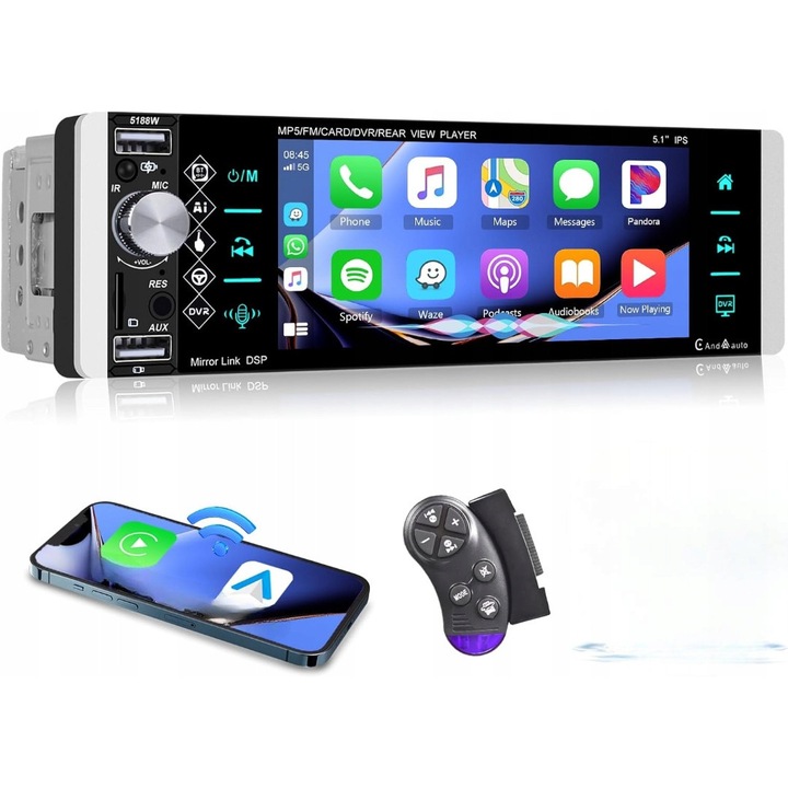 Автомобилно радио 1-Din, радио плейър Carplay Android Auto, Bluetooth, HD камера за задно виждане, 5,1"