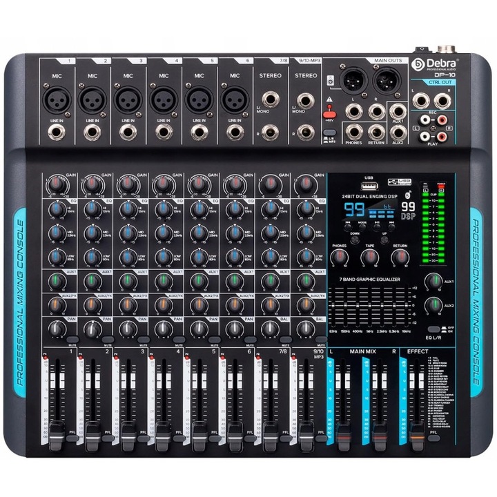 10-канален аудио миксер Debra, 99 DSP ефекта, Bluetooth 5.0, фантомно захранване 48V